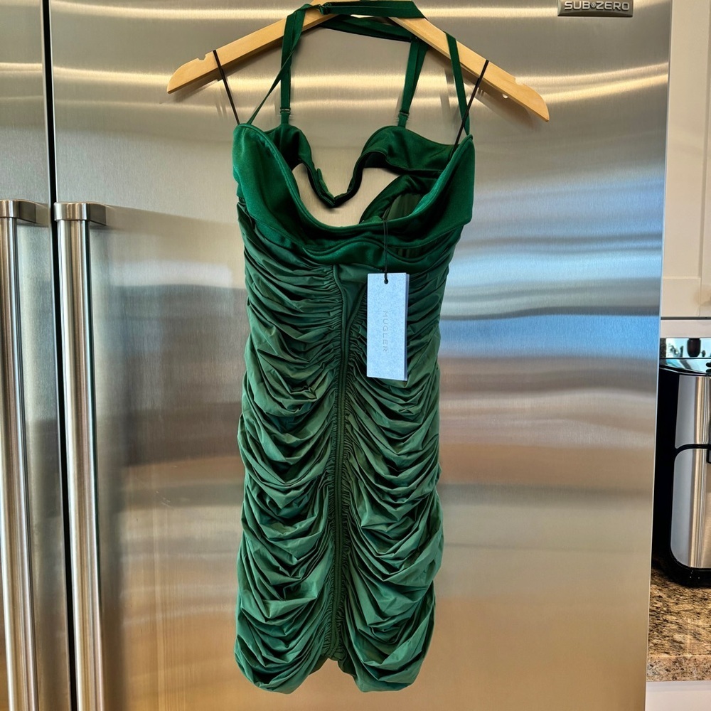 NWT Mugler Mini Dress in Emerald British Green Ruched Knit Stretch